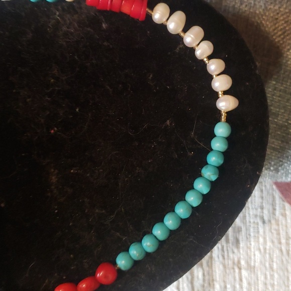 Cultered freshwater pearls,turquoise and coral choker handmade - Picture 3 of 6